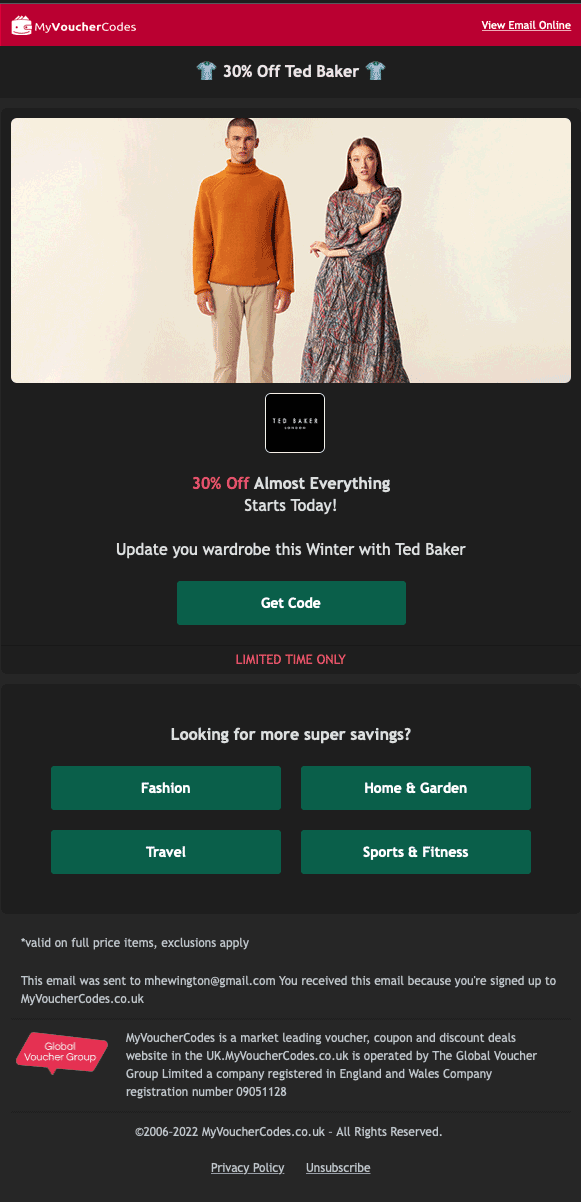 My Voucher Codes Email Template Dark Mode View