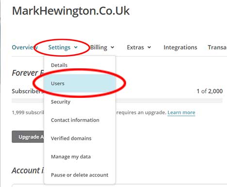 Click the settings tab and find the Users option Click the settings tab and find the Users option