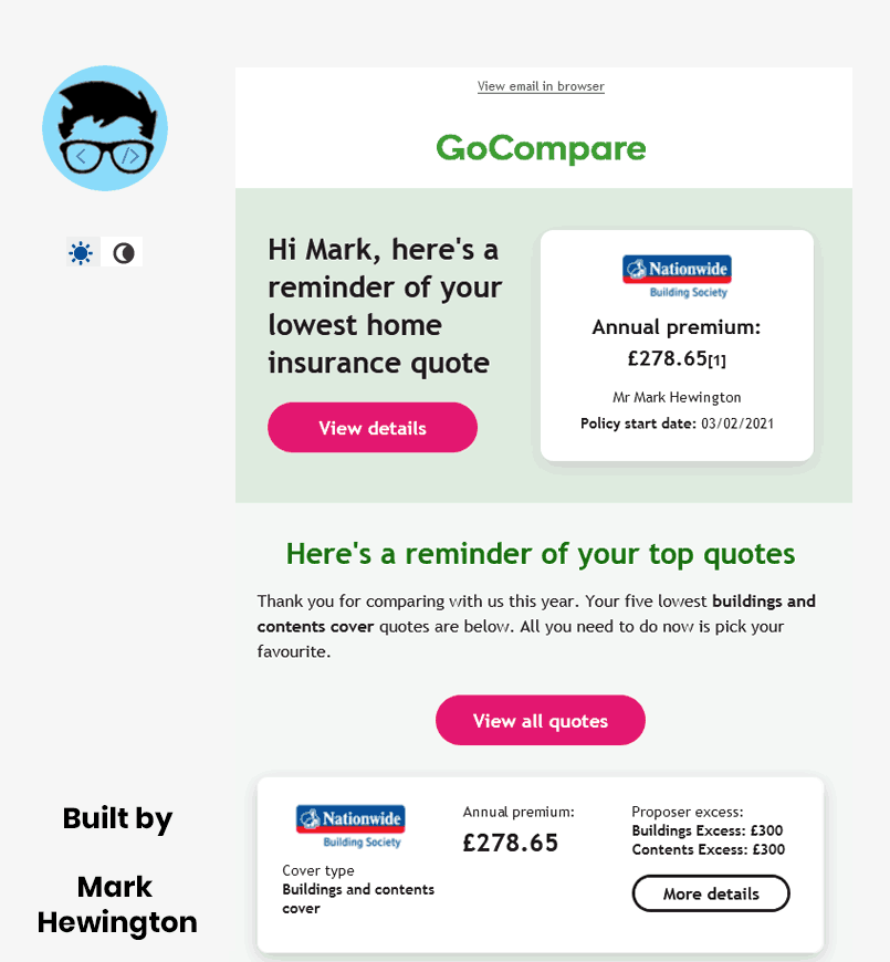 check out this interactive image  showing dark mode friend custom email templates made for GoCompare