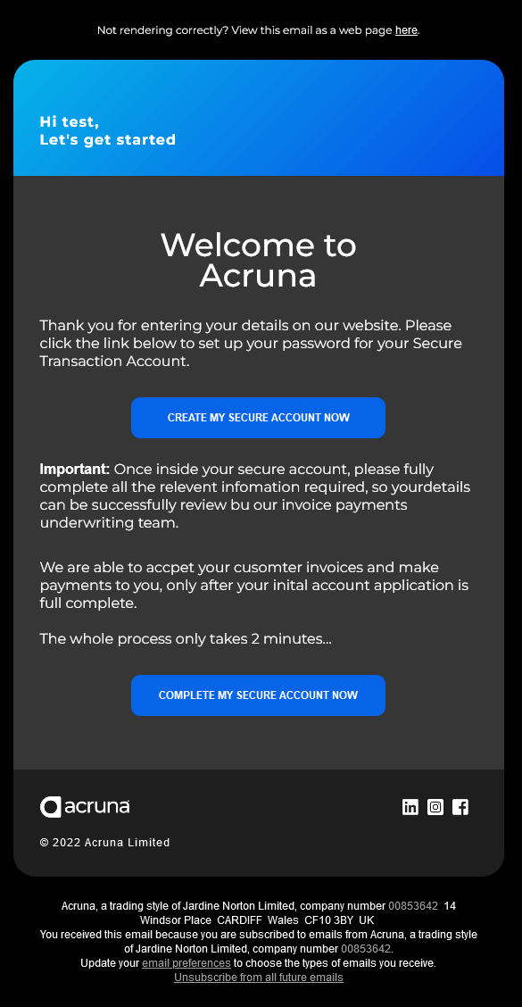 Email Templates Created For Acruna Transactional Banking Dark mode on desktop design