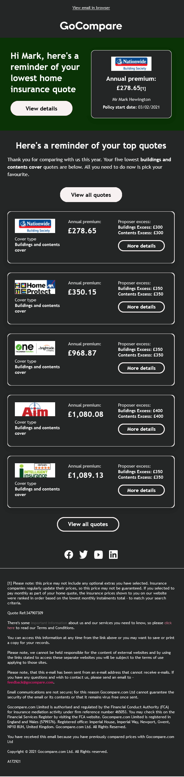 Email Templates Created For GoCompare Marketing Insurance Dark mode on desktop design