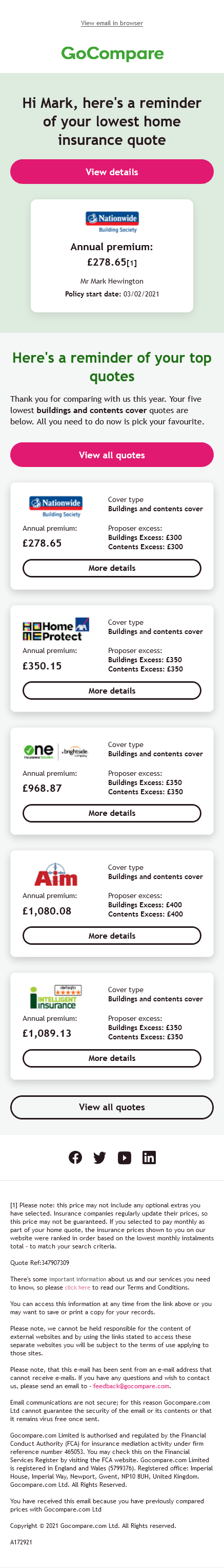 Email Templates Created For GoCompareMarketing Insurance mobile design