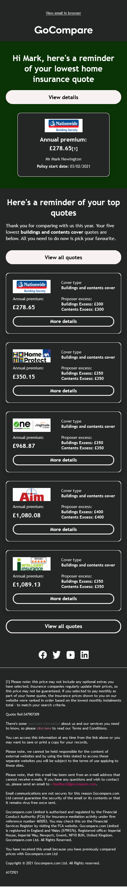 Email Templates Created For GoCompare Marketing Insurance Dark mode on mobile design