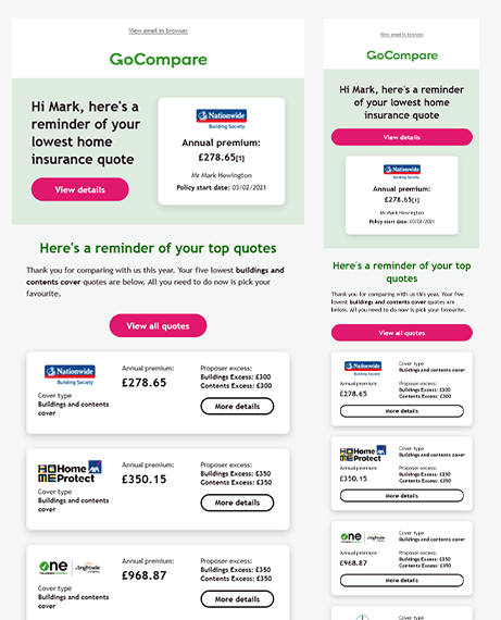 Email Templates Created For GoCompare Marketing Insurance desktop & mobile design