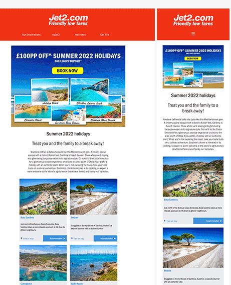 Email Templates Created For Jet2 Holidays Marketing Holidays desktop & mobile design