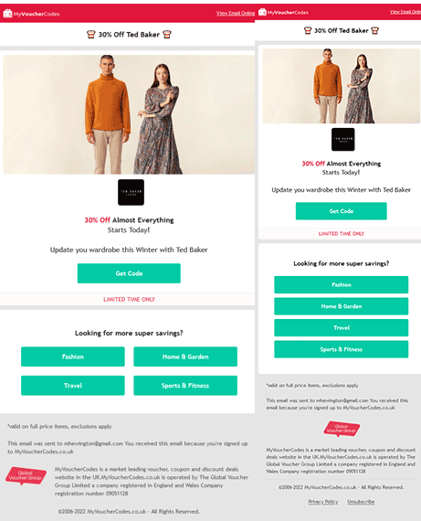 Email Templates Created For My Voucher Codes Marketing Voucher desktop & mobile design