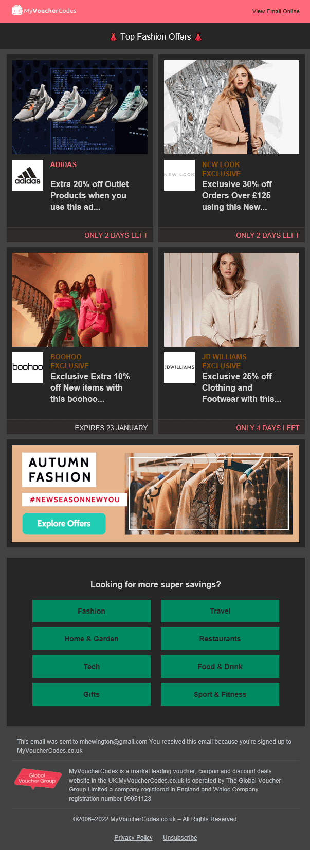 Email Templates Created For My Voucher Codes Marketing Voucher Dark mode on desktop design