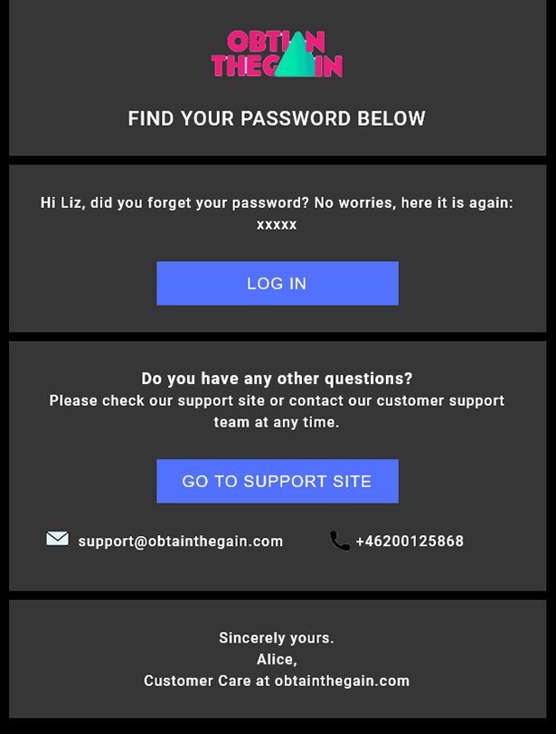 Email Templates Created For Obtain The Gain Transactional Password Reset Dark mode on desktop design