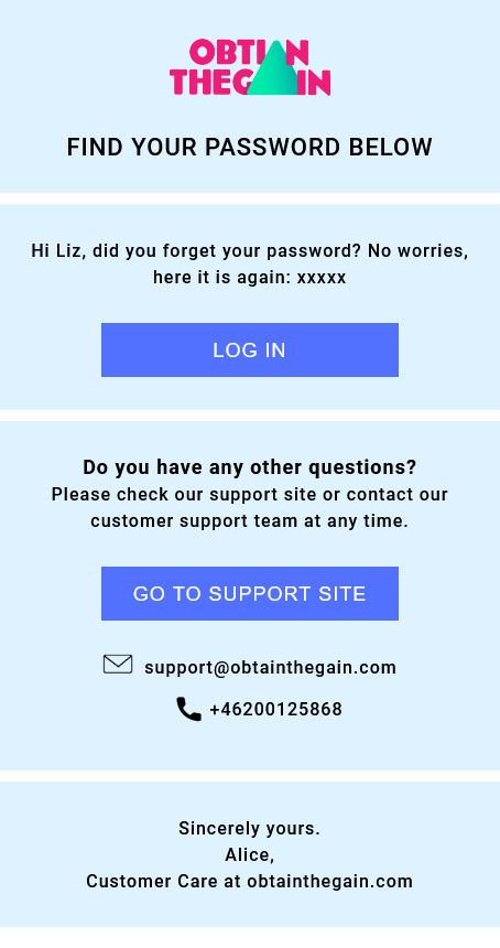 Email Templates Created For Obtain The GainTransactional Password Reset mobile design