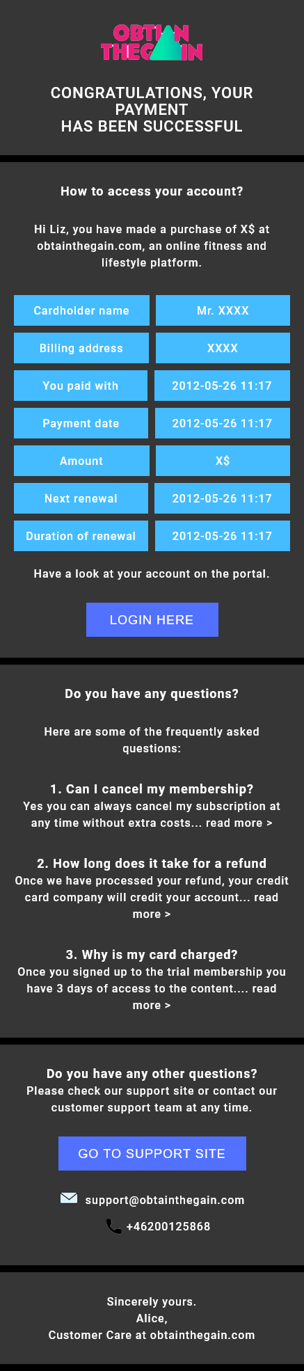 Email Templates Created For Obtain The Gain Transactional Payment Subscription Dark mode on mobile design