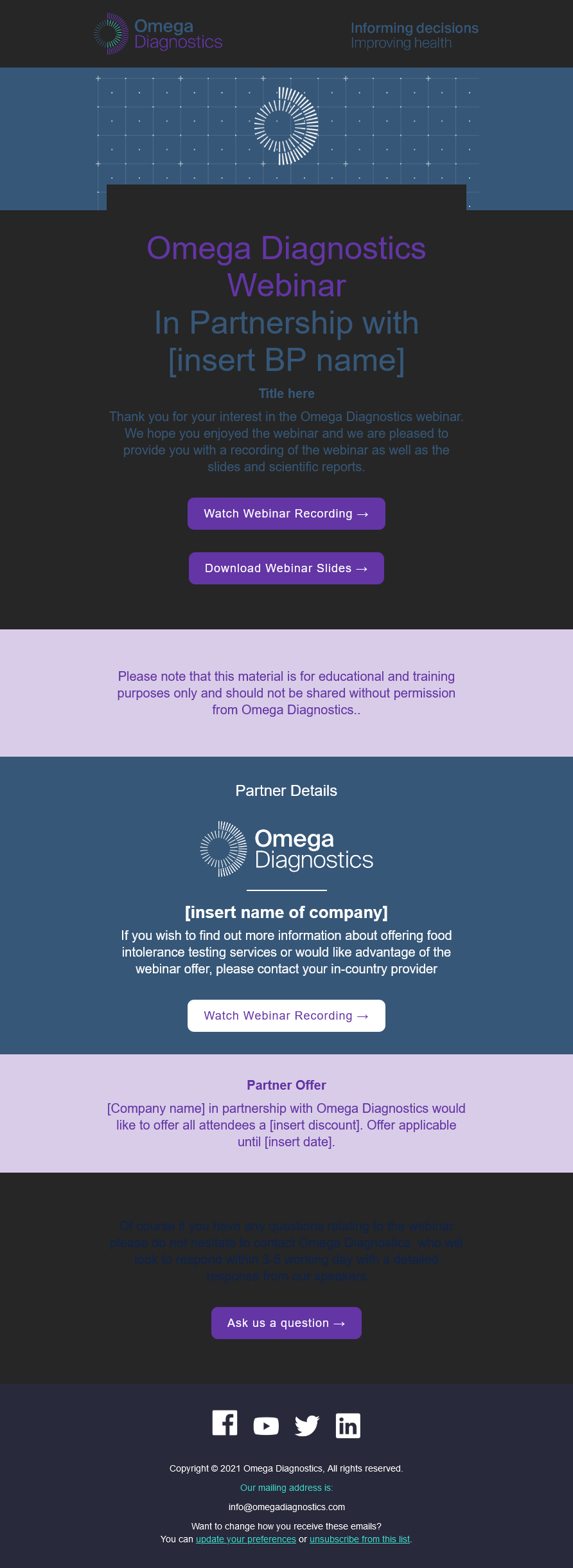 Email Templates Created For Omega Diagnostics Marketing Health Dark mode on desktop design