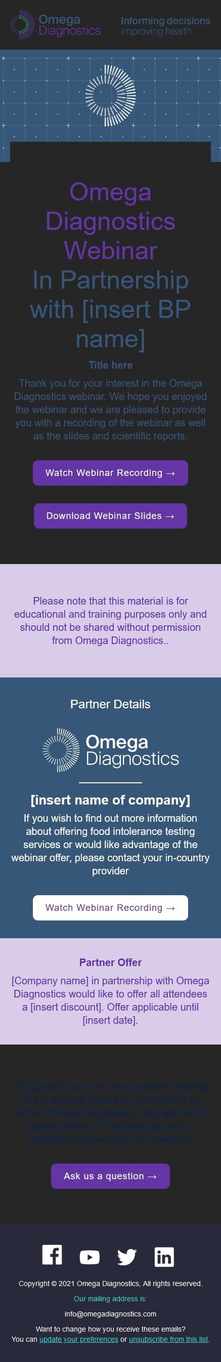 Email Templates Created For Omega Diagnostics Marketing Health Dark mode on mobile design