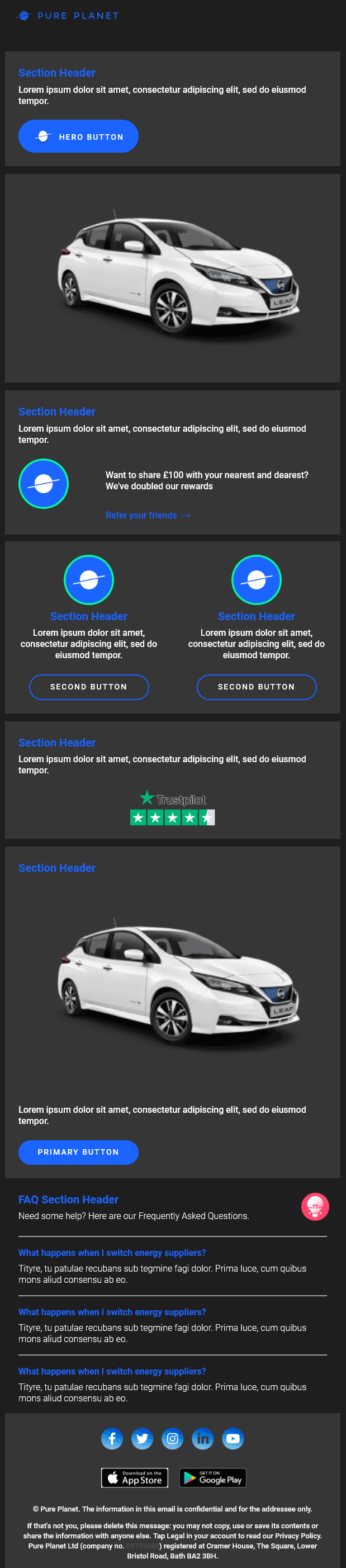 Email Templates Created For Pure Planet Marketing Energy  Dark mode on desktop design