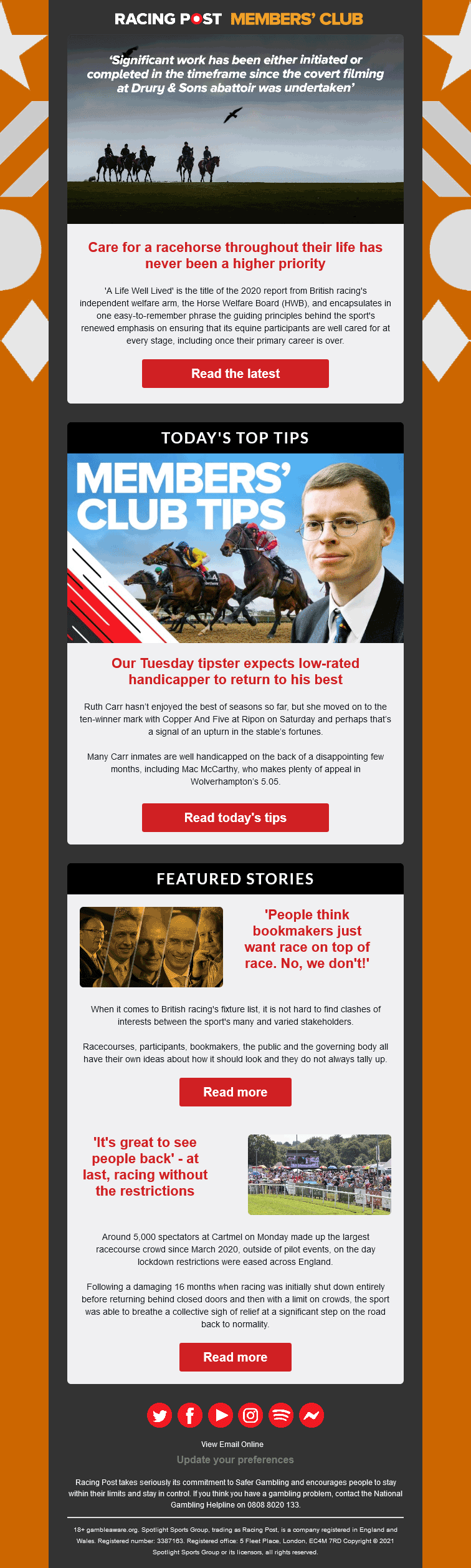 Email Templates Created For Racing Post Marketing Betting Dark mode on desktop design