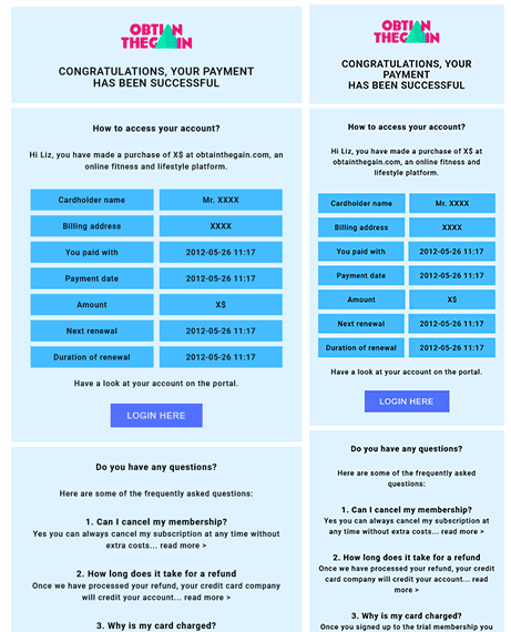 Email Templates Created For Obtain The Gain Transactional Payment Subscription desktop & mobile design